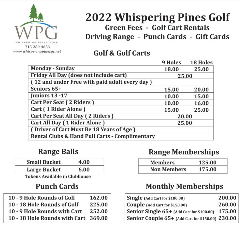 2022 Daily Rates Whispering Pines Golf Course