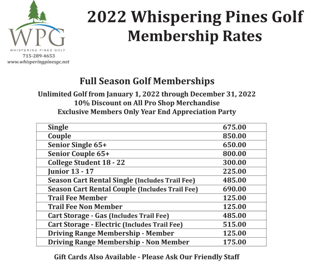 2022 Membership Rates Whispering Pines Golf Course